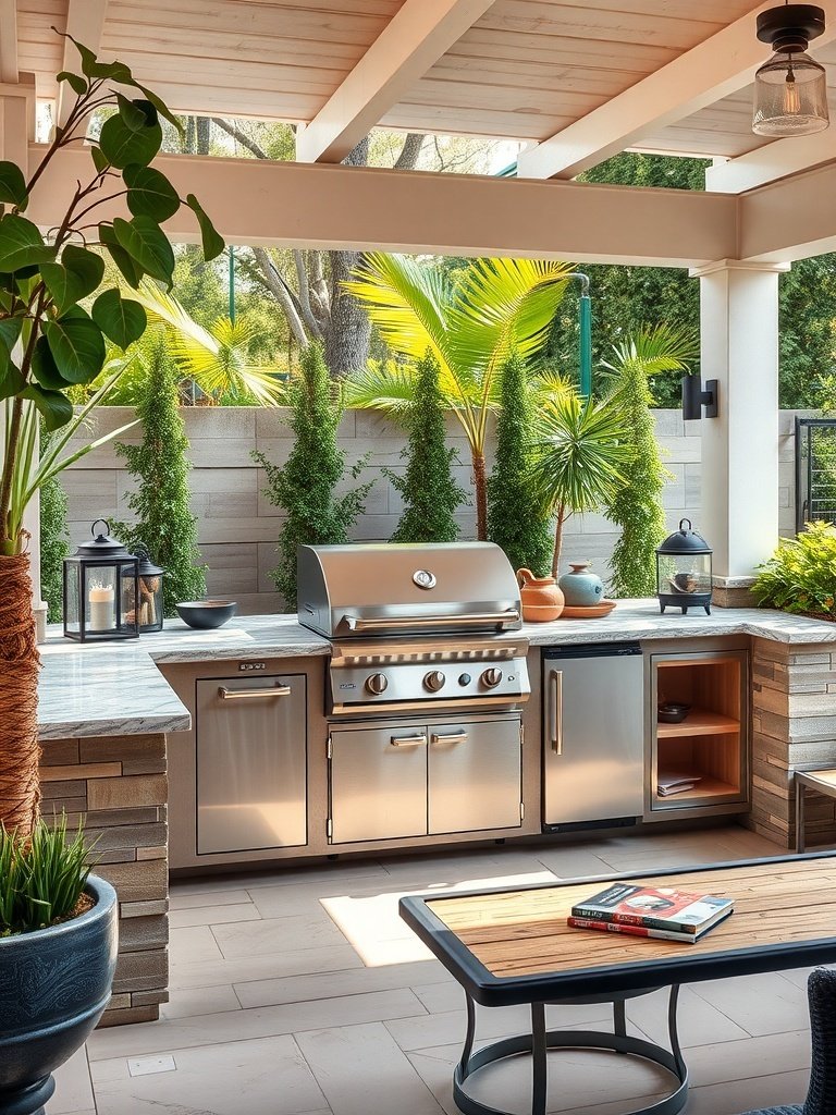 A modern outdoor kitchen featuring a built-in BBQ station with a stainless steel grill and surrounding greenery.