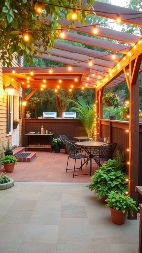 Cozy outdoor patio with string lights illuminating a wooden pergola and potted plants.