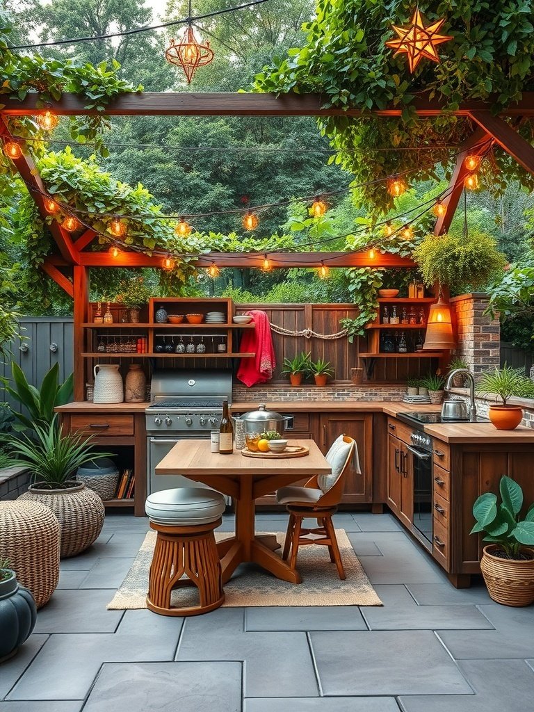 A cozy boho outdoor kitchen with wooden structures, string lights, and lush greenery.