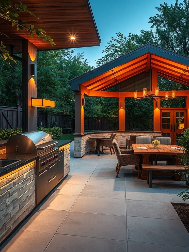 An outdoor kitchen with a modern grill and a dining pavilion, featuring warm lighting and comfortable seating.