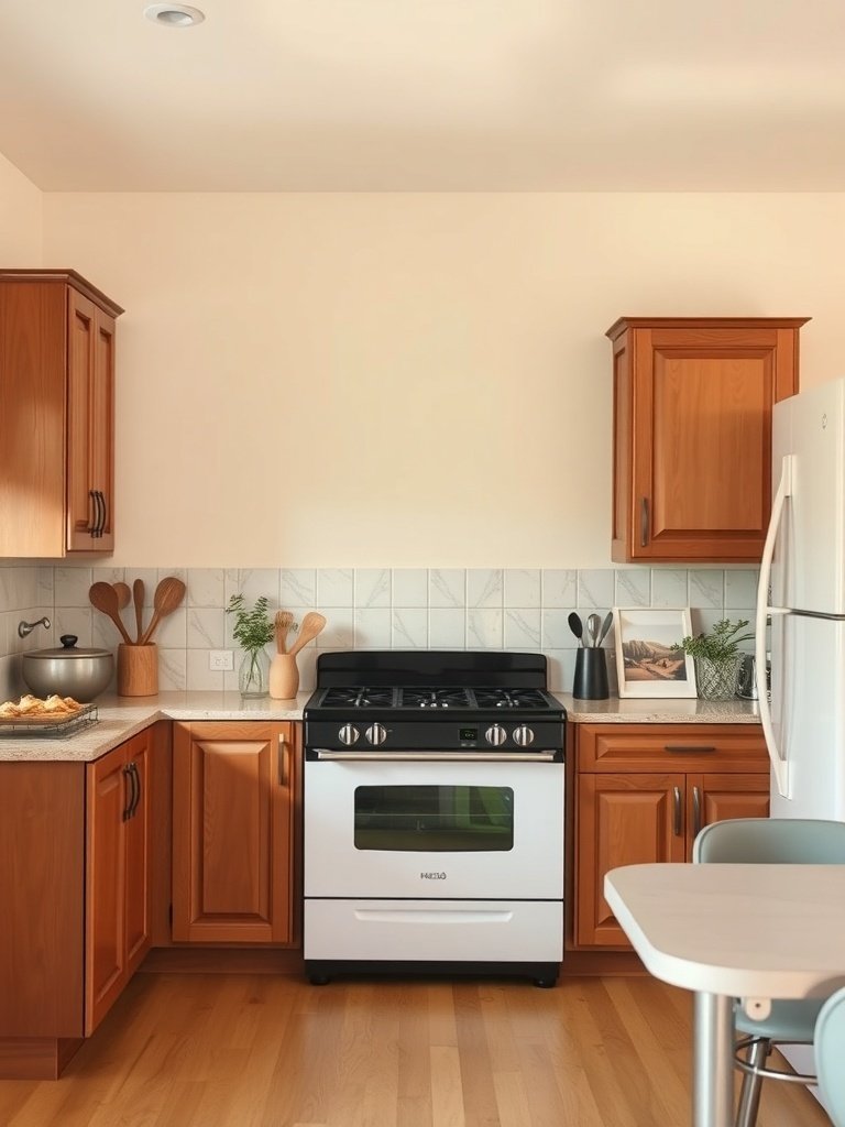 A cozy kitchen featuring warm wooden cabinets, beige walls, and a practical layout with a stove and dining area.