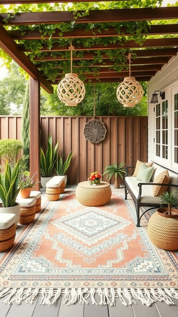 A cozy boho outdoor patio featuring a decorative rug, plants, and comfortable seating.