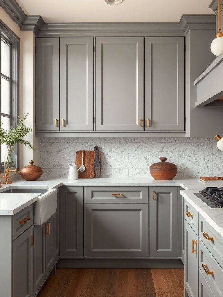 A modern kitchen featuring gray cabinets with gold hardware, a light countertop, and a geometric backsplash.