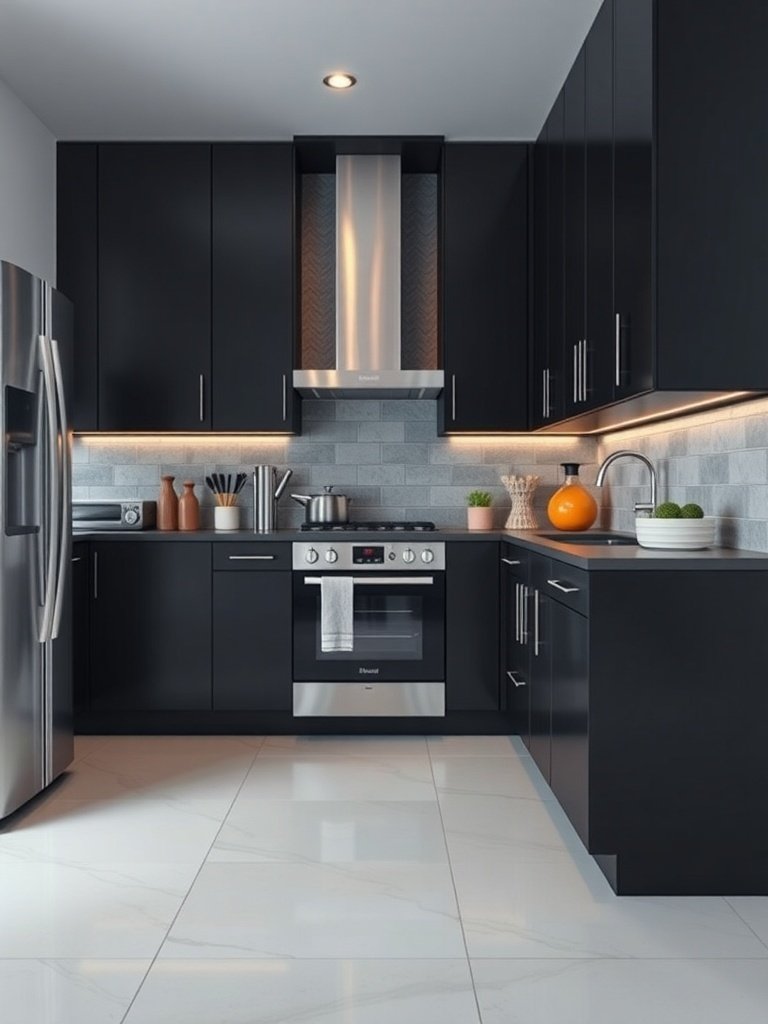 A modern kitchen featuring black cabinetry and stainless steel appliances.