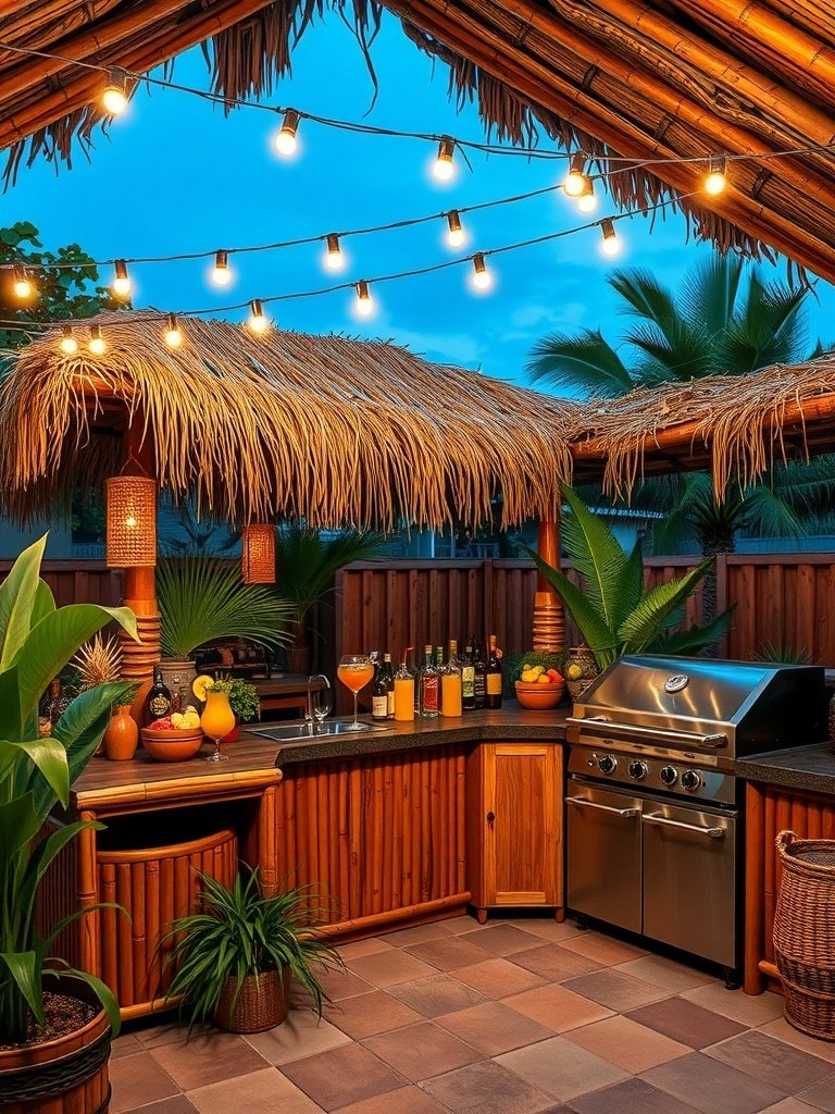 Outdoor tiki bar kitchen with thatched roof, grill, and colorful drinks