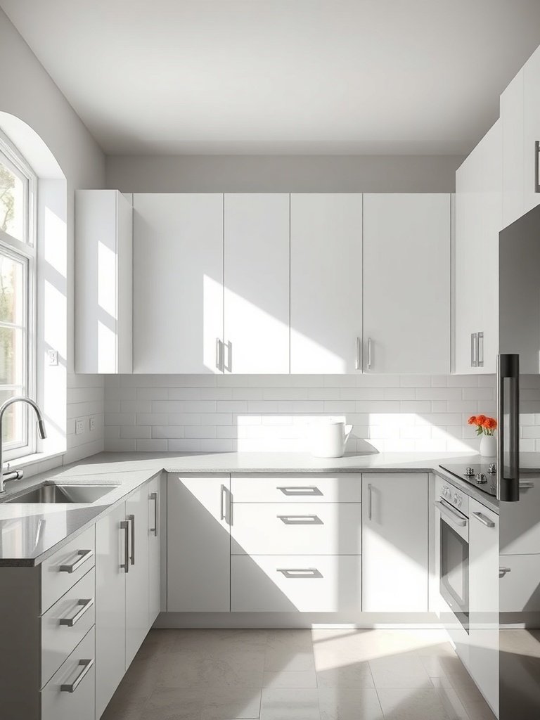 A modern kitchen featuring white cabinets and gray countertops, with natural light illuminating the space.