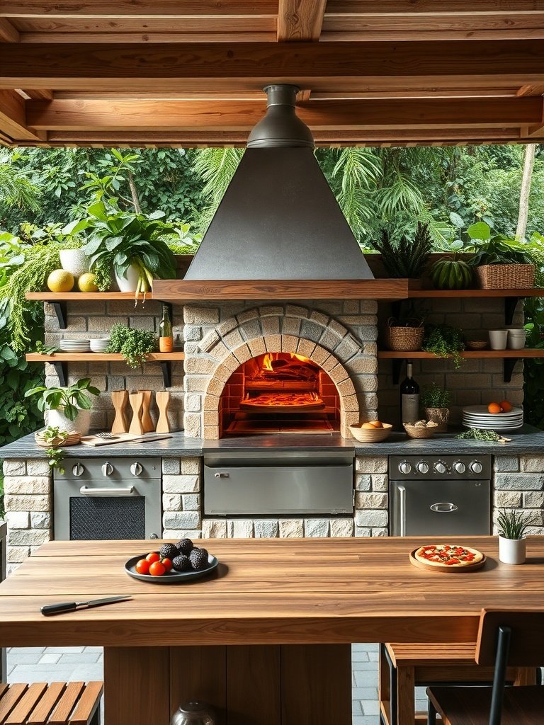 Outdoor kitchen featuring a pizza oven with stonework and metal chimney, surrounded by greenery.