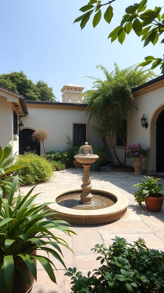 A serene outdoor patio featuring a fountain surrounded by plants and flowers.