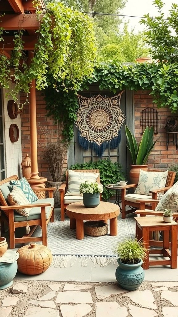A cozy boho outdoor patio featuring wooden furniture, soft cushions, hanging plants, and a macramé wall hanging.
