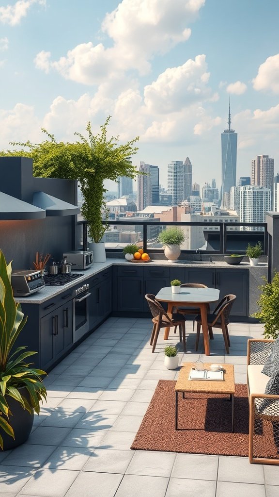 A modern rooftop terrace kitchen with city skyline views, featuring a cooking area, dining table, and greenery.