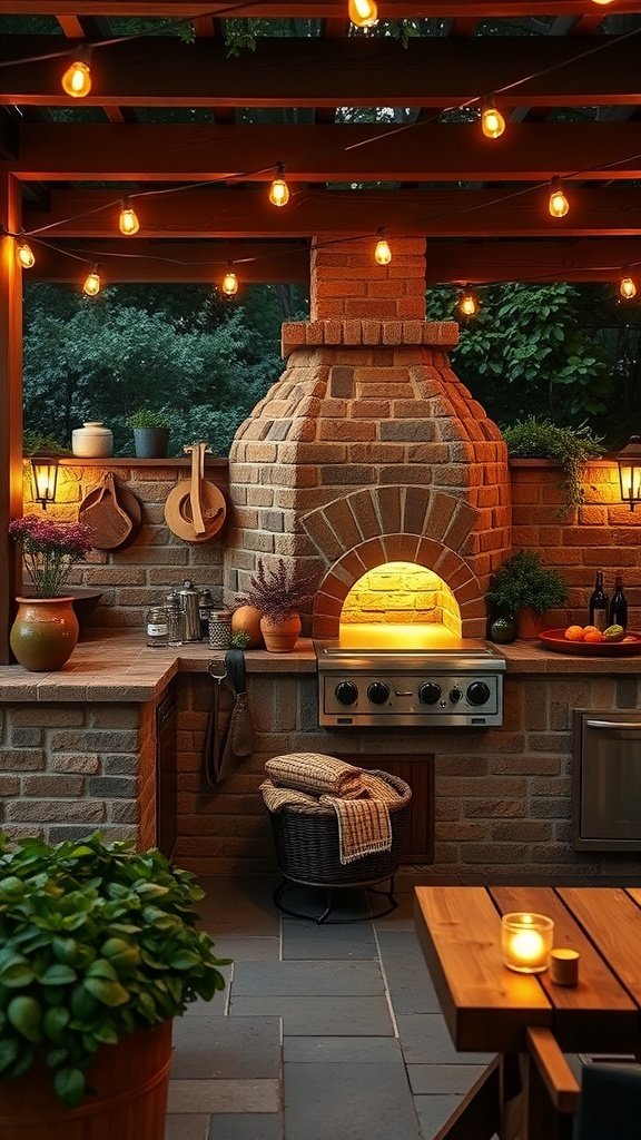 Outdoor kitchen featuring a pizza oven, warm lights, and a cozy setup.
