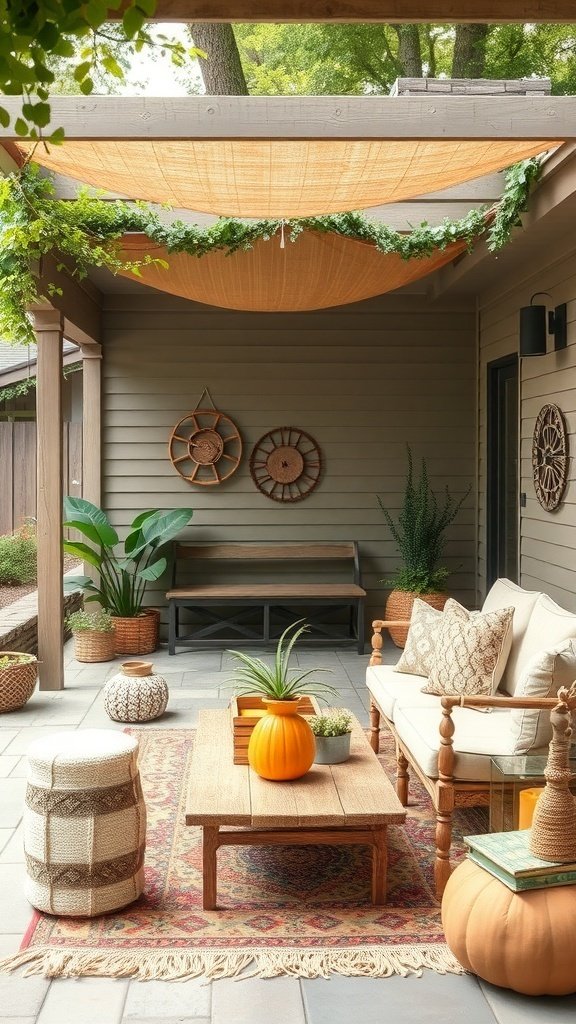 A cozy boho outdoor patio featuring a wooden table, cushions, seasonal decor, and plants.
