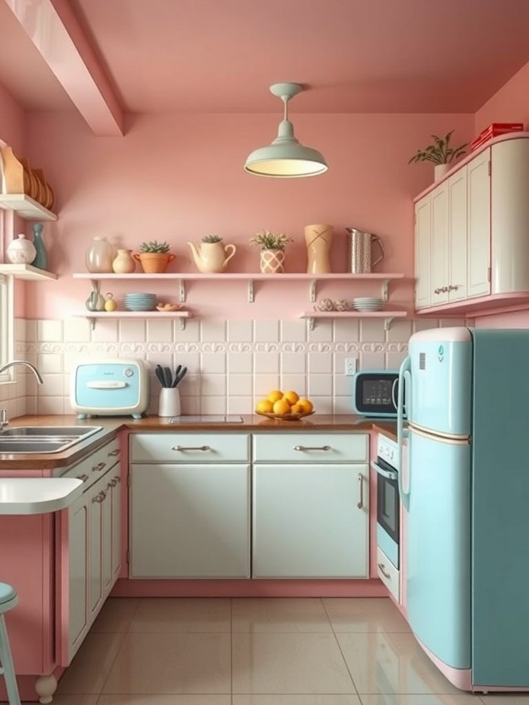 A vintage-inspired kitchen featuring pastel colors, with pink walls, blue cabinetry, and retro appliances.