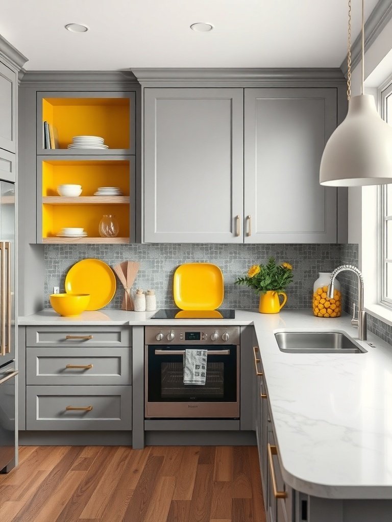 A modern kitchen featuring gray cabinets with bright yellow highlights, showcasing open shelves with yellow dishes and decor.