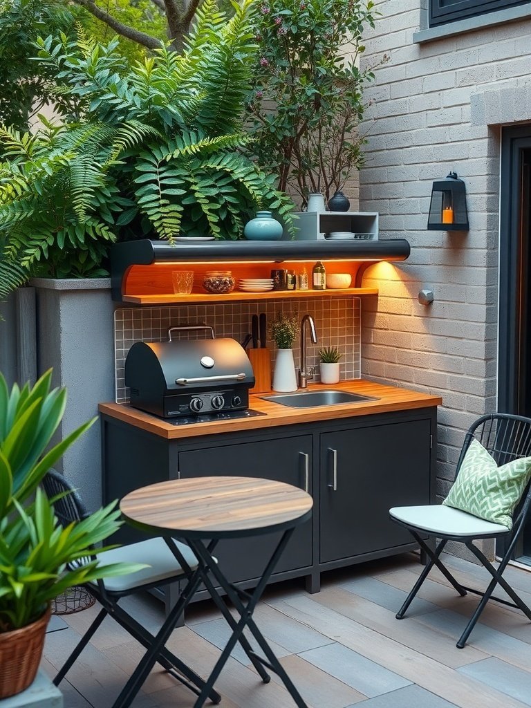 A compact outdoor kitchen with a grill, sink, and storage, surrounded by greenery.