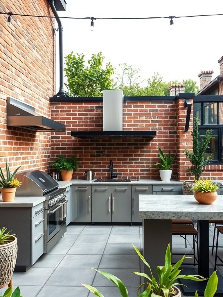 An industrial chic outdoor kitchen with steel appliances, brick walls, and plants.