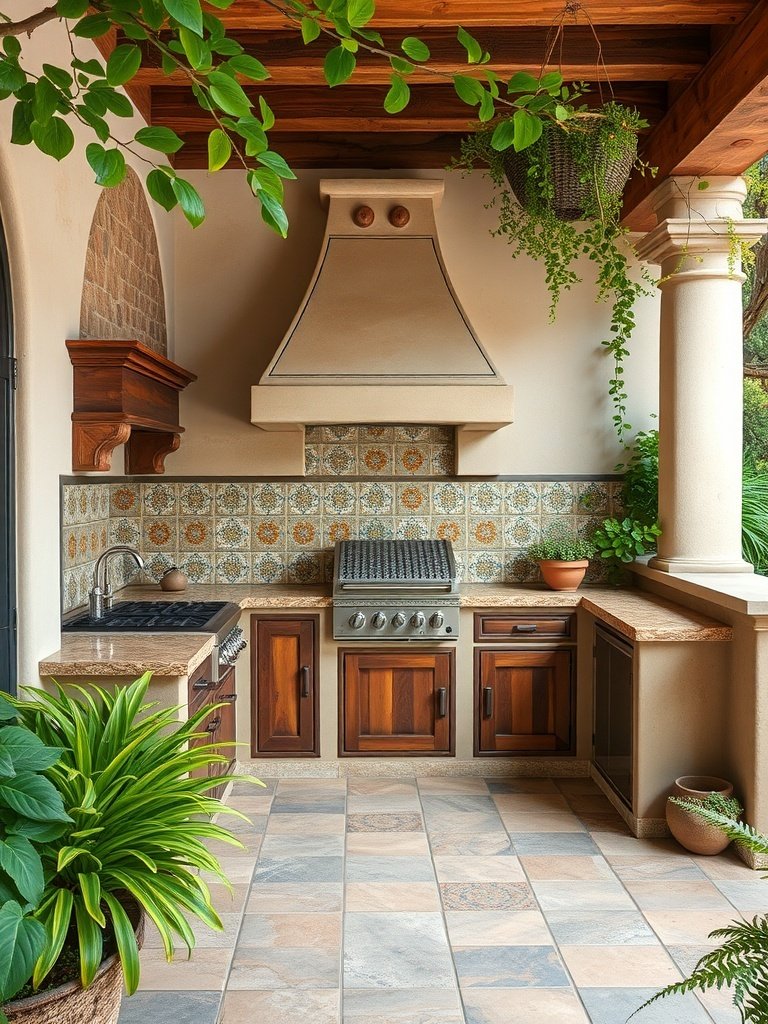 Mediterranean style outdoor kitchen with tiled backsplash, grill, and greenery