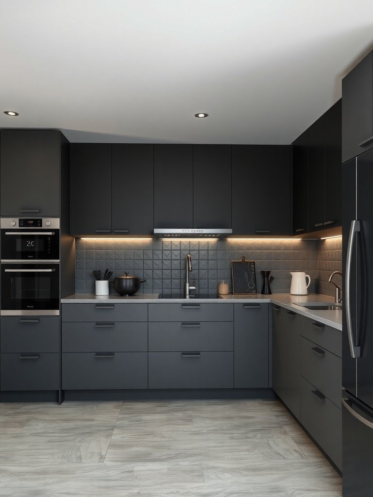 A contemporary monochrome kitchen featuring dark gray cabinets and a light gray floor.
