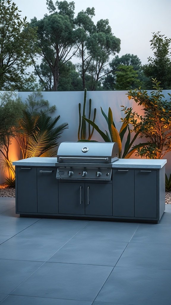 Modern minimalist grill island in an outdoor setting with greenery.