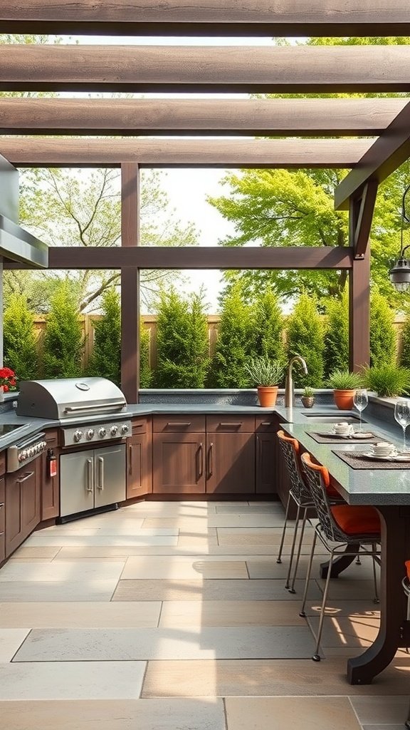An all-season outdoor kitchen featuring a grill, countertops, and seating under a wooden pergola.