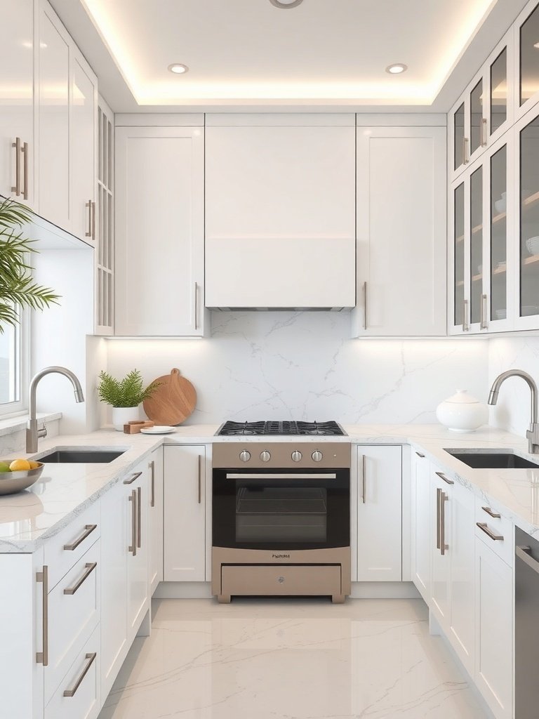 A modern kitchen featuring white cabinets and marble countertops.