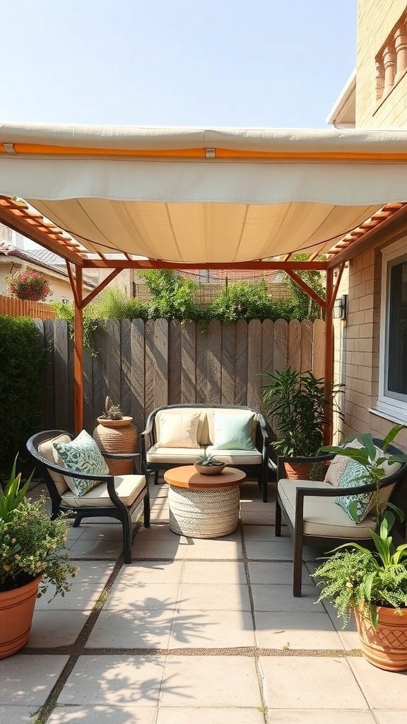 A cozy outdoor patio with a wooden canopy, comfortable seating, and potted plants.