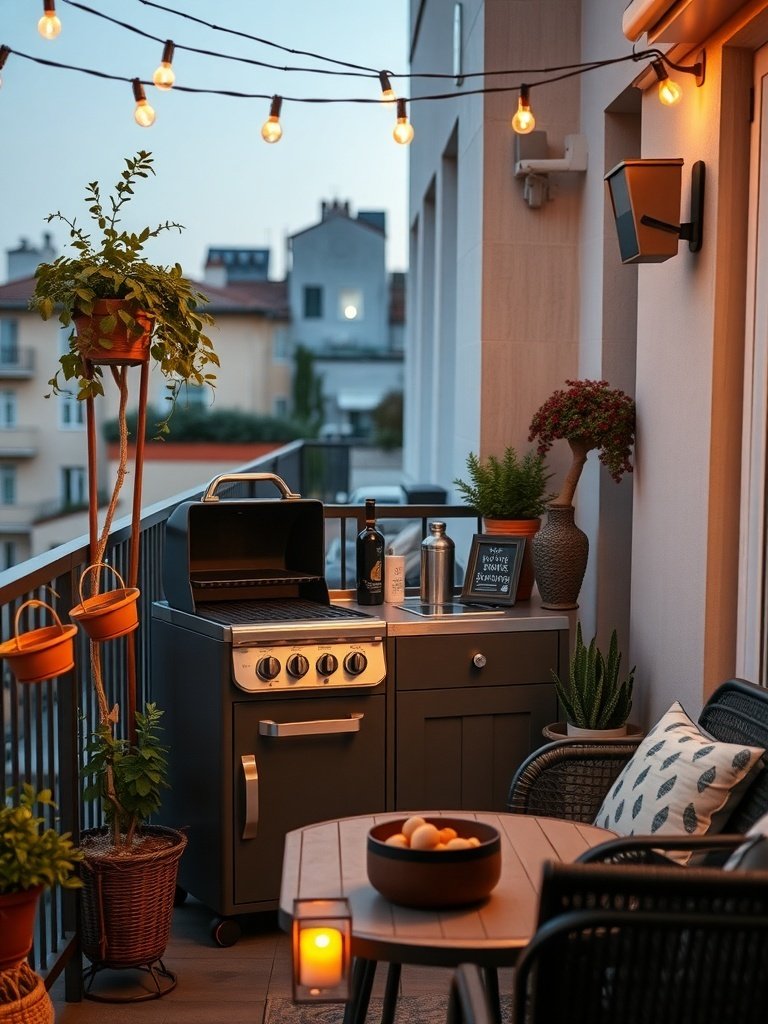 A compact balcony kitchen with a grill, sink, and plants, illuminated by string lights.