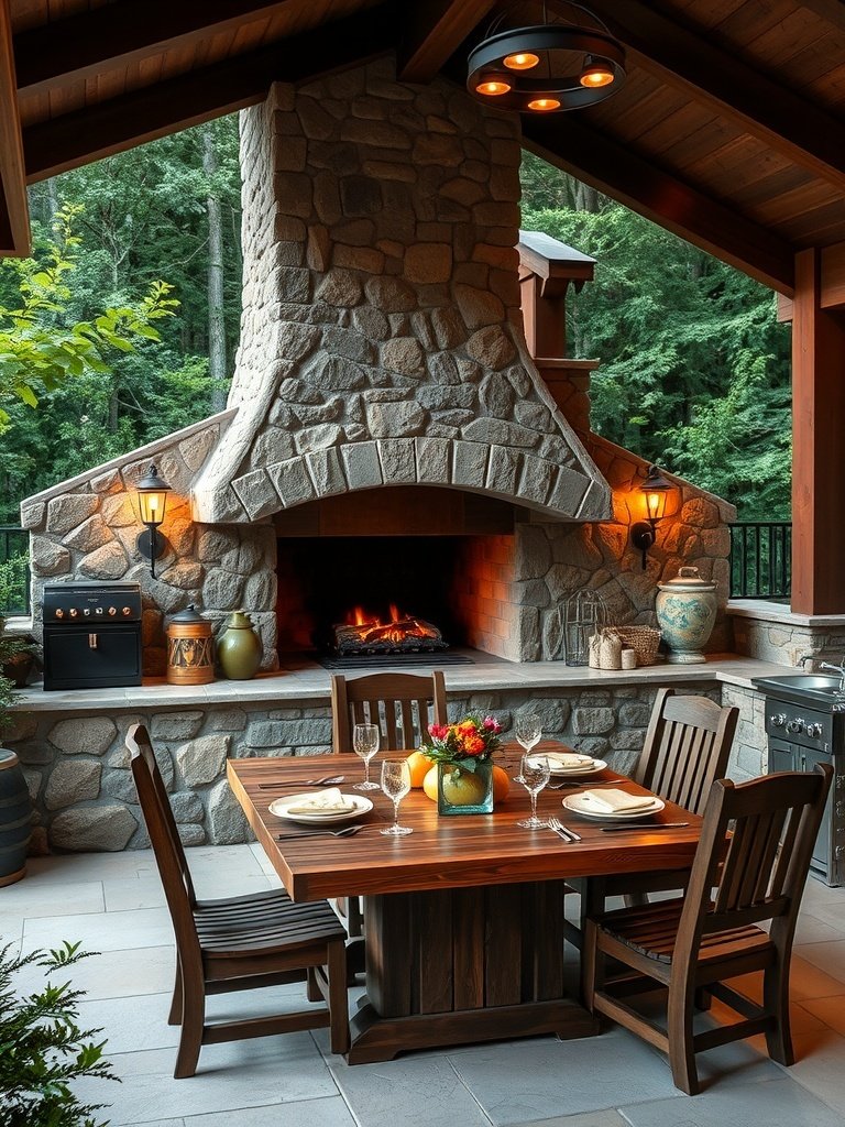 An outdoor kitchen featuring a stone fireplace, wooden dining table, and lush greenery.