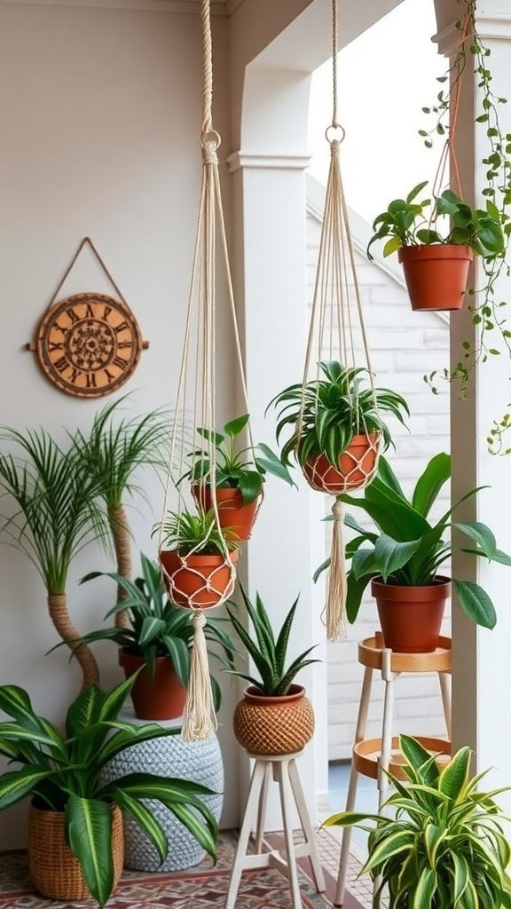 A cozy outdoor patio featuring hanging plants in macramé hangers and various potted plants.