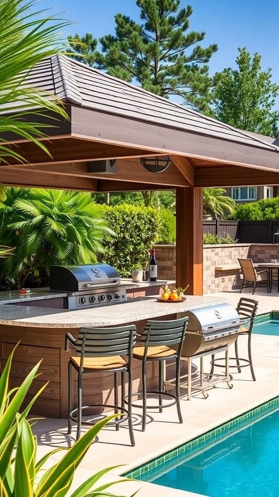 A stylish outdoor kitchen with a grill, bar stools, and a view of the pool.