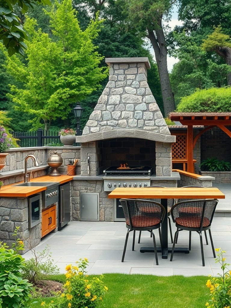 Rustic stone outdoor kitchen with a large grill, stone fireplace, and wooden dining table surrounded by greenery.