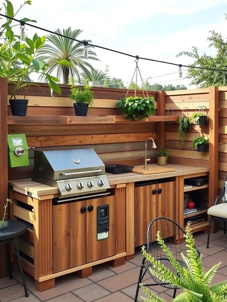 A DIY outdoor kitchen setup made from pallets, featuring a grill, countertop, and hanging plants.