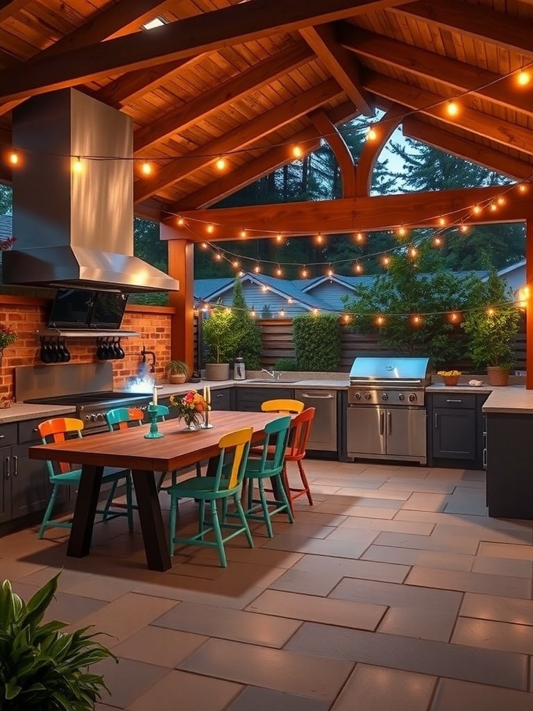 A vibrant family-friendly outdoor kitchen with colorful chairs, a grill, and cozy lighting.