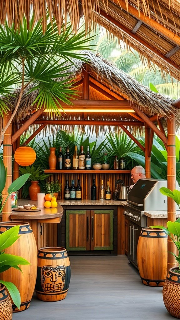 A tropical tiki bar kitchen with bamboo structure, lush plants, and a cozy atmosphere.