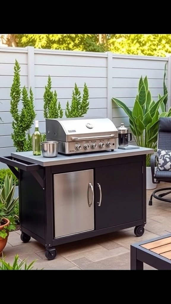 A sleek portable outdoor kitchen cart with a grill and storage, surrounded by greenery.