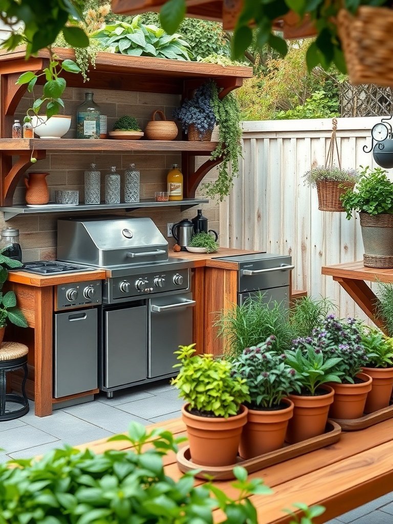 An outdoor kitchen featuring stainless steel appliances and a herb garden with various plants in pots.