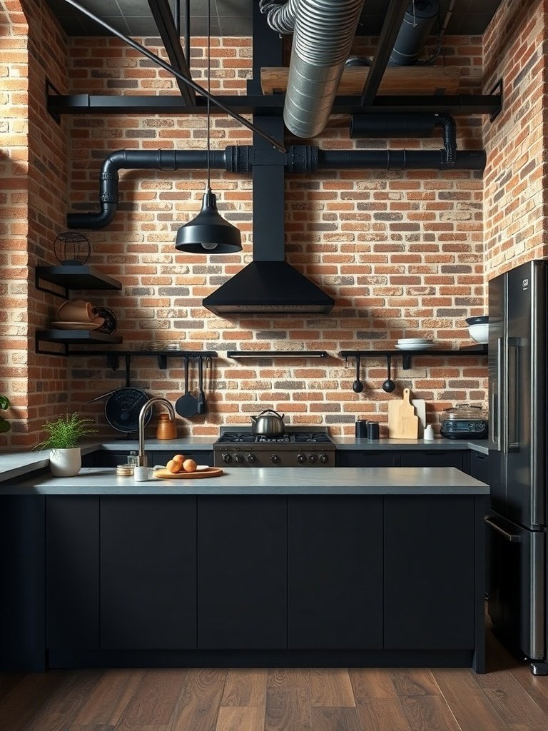 A modern industrial kitchen featuring exposed brick walls, black cabinetry, and stainless steel appliances.