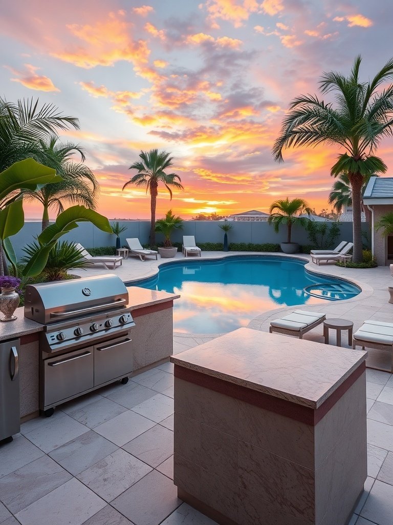 Outdoor kitchen by a pool with a grill and palm trees under a sunset sky.