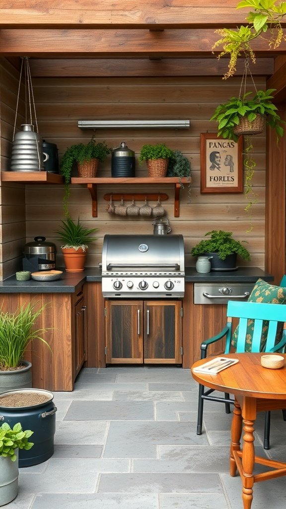 Outdoor kitchen with BBQ grill, wooden shelves, and plants.