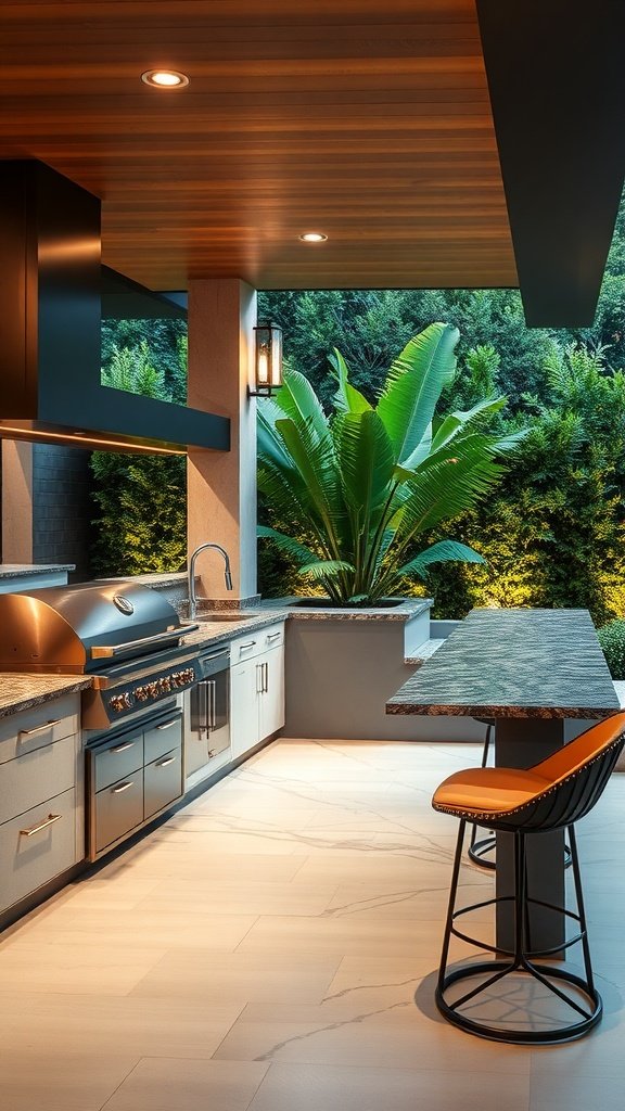 A modern outdoor kitchen with sleek appliances and a spacious countertop, surrounded by greenery.