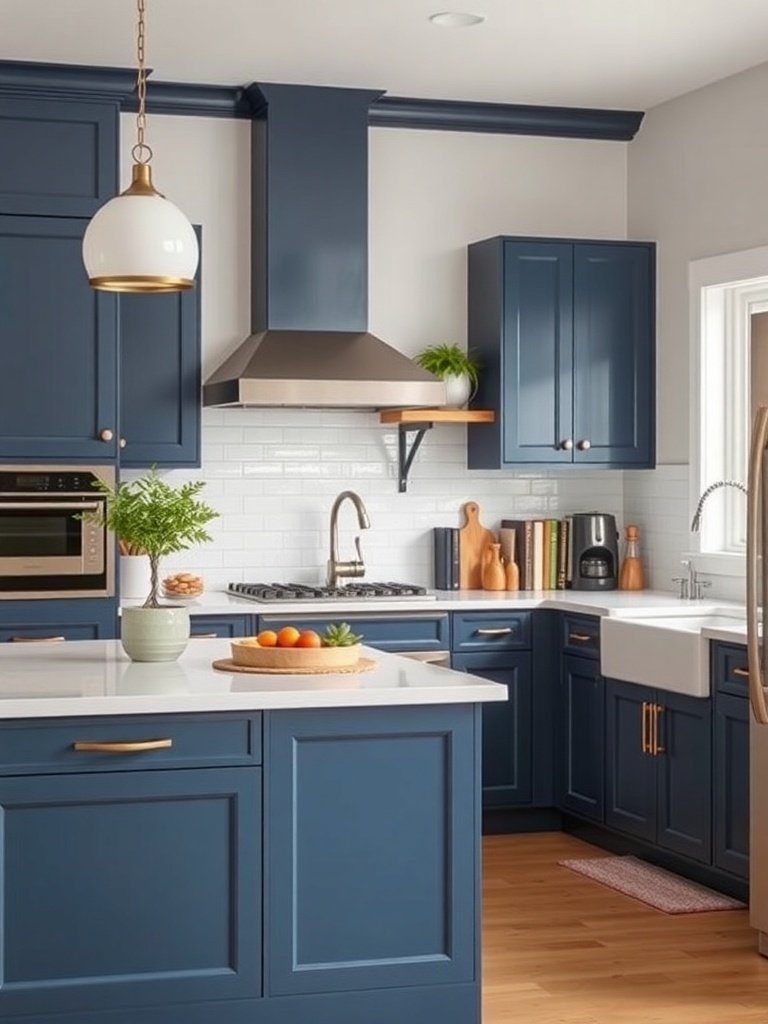 A modern kitchen featuring bold blue cabinets, white countertops, and wooden flooring.