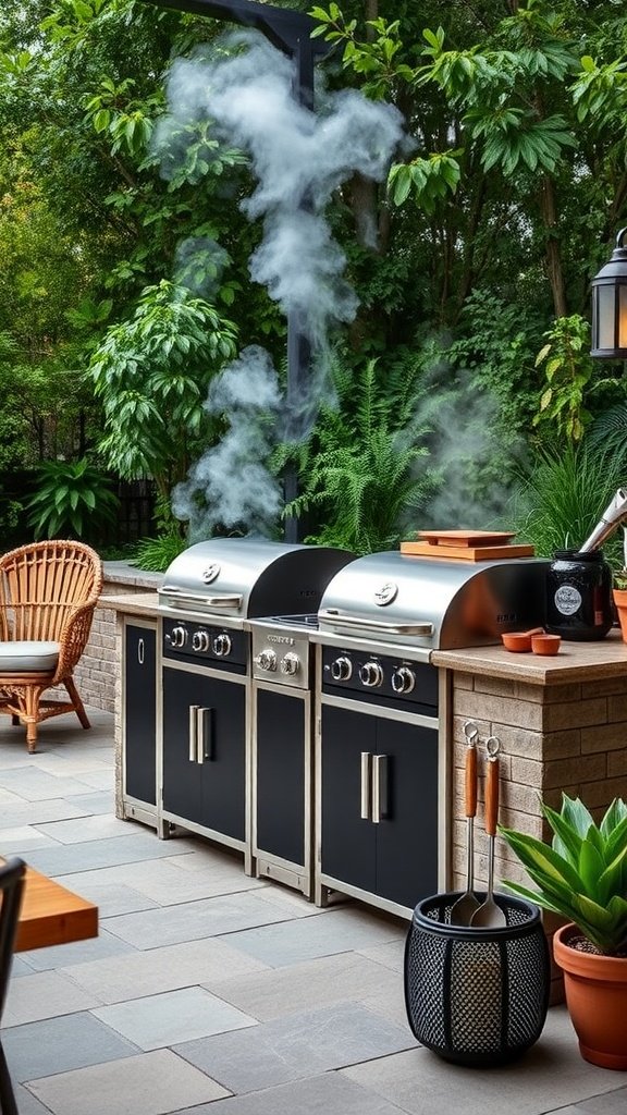 An outdoor kitchen featuring a smoker and BBQ combo station with smoke rising.