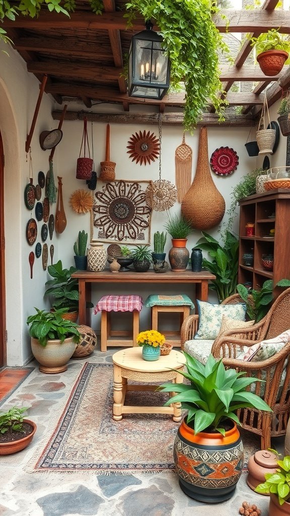 A cozy boho outdoor patio featuring artisan crafts, handmade decor, and lush plants.