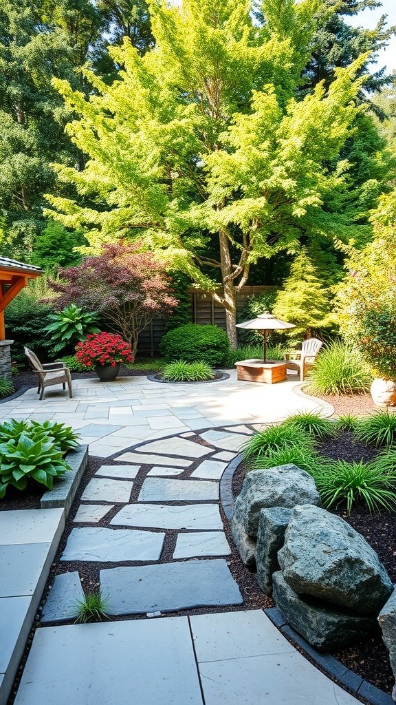 A beautiful outdoor patio featuring natural stone pathways, surrounded by greenery and flowers.