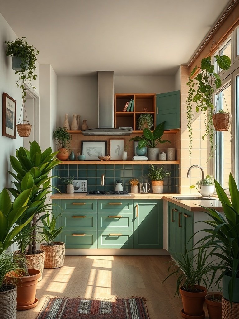 A cozy kitchen featuring green cabinets, wooden accents, and various indoor plants.