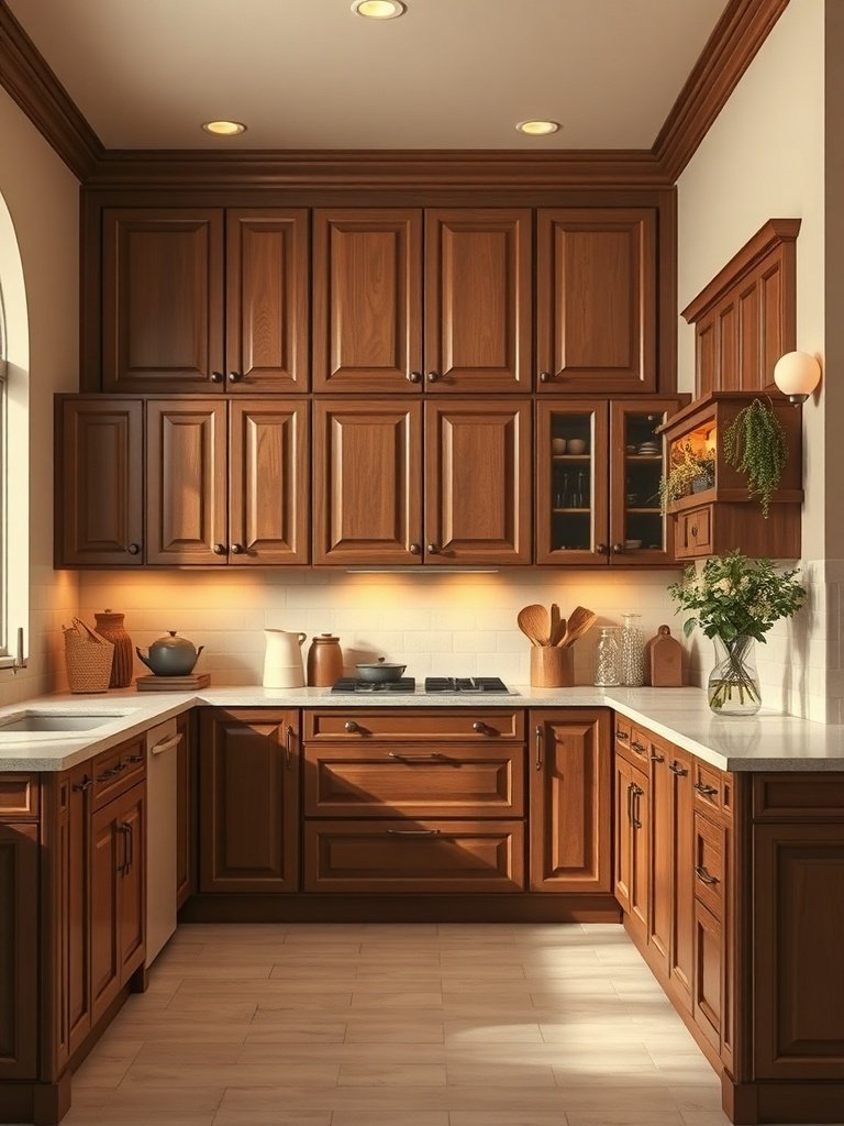 A cozy kitchen featuring rich brown cabinets and beige walls, illuminated by warm lighting.