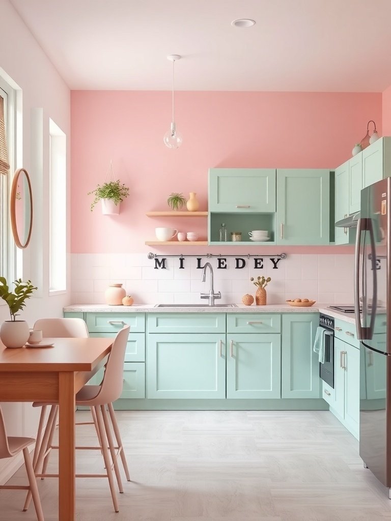 A kitchen featuring mint green cabinets and a soft pink wall, with a wooden table and simple decor.
