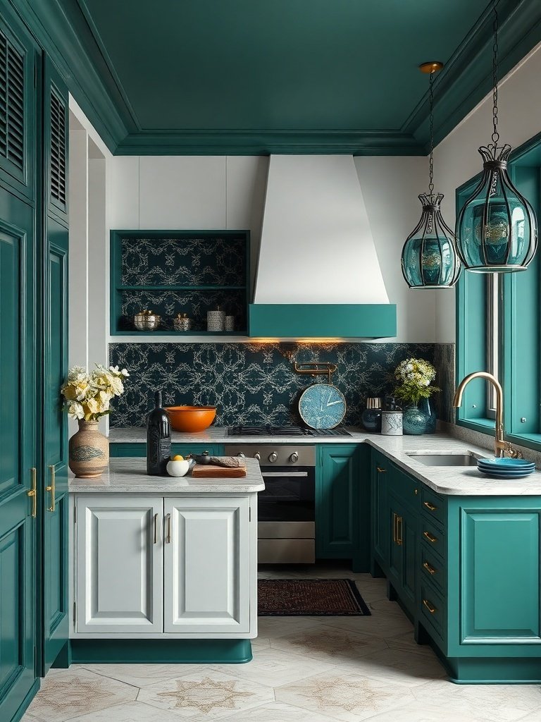 A modern kitchen featuring rich teal cabinetry, white countertops, and gold accents.