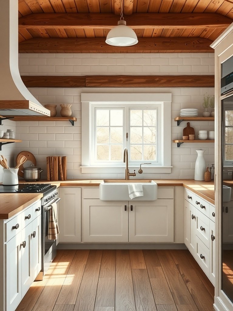 A rustic farmhouse kitchen with wooden beams, white cabinetry, and a farmhouse sink.