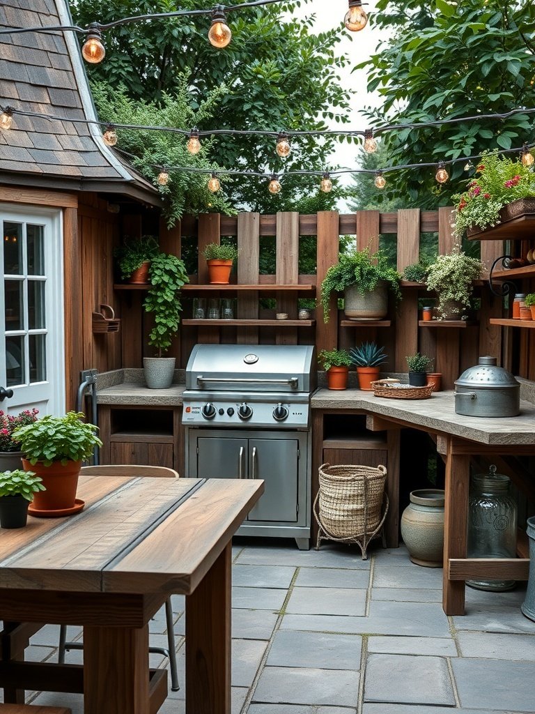 A cozy farmhouse-inspired outdoor kitchen with a grill, wooden furniture, and potted plants.